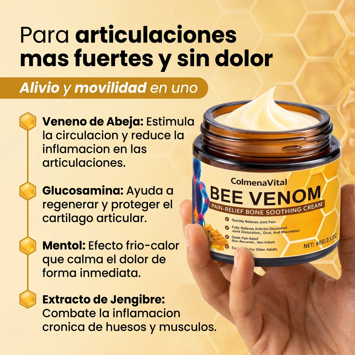 Ingredientes naturales del bálsamo de veneno de abeja ColmenaVital